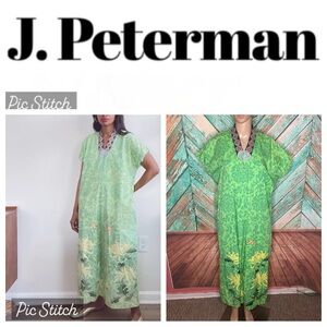J. Peterman Jade Green Asian Floral Print Embroidered Detail Cotton Print Caftan